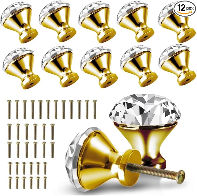 30mm Kitchen Cabinet Knobs Drawer Pull Handle Hardware, Crystal Clear Glass Round Diamond Shape Dresser Closet Bi-fold Door Bathroom Cupboard Desk Nightstand Furniture Decorative Drawer Knobs （12PCS）