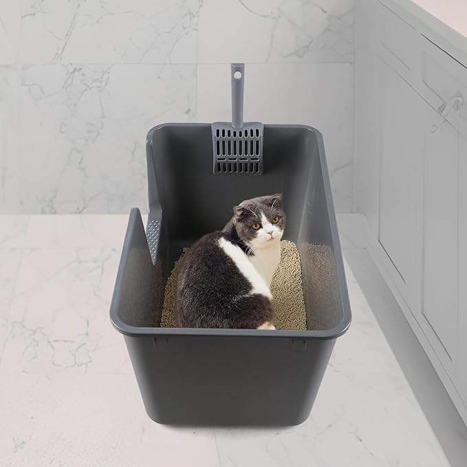 4 Packs Large Cat Litter Box with High Sides, Grey Open Top Cat Litter Basin-Mewly Pet
