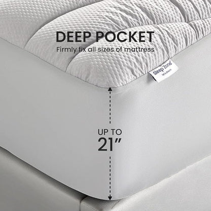 SLEEP ZONE Cooling Queen Mattress Topper for Single Bed, Premium Zoned Quilted Mattress Pad, Fitted Mattress Protector Cover, Machine Wash Durable, Deep Pocket 8-21 inch (Silver Grey, Queen)