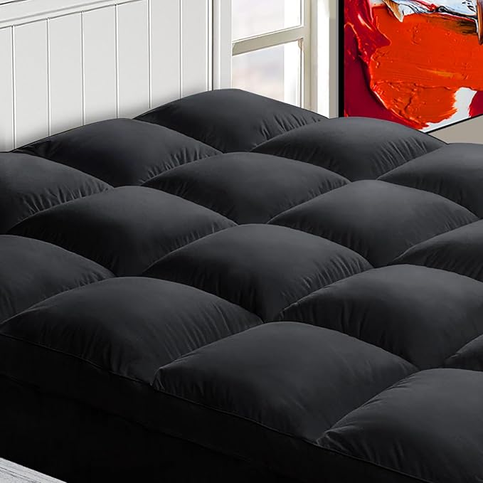 Mattress Topper Twin XL for Back Pain, Extra Thick Mattress Pad Cover, Plush Pillow Top, Deep Elastic Pocket, Black