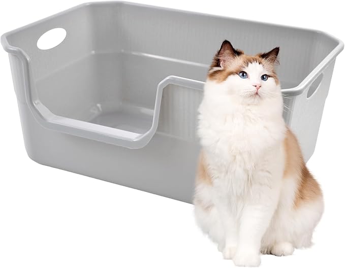 Large Open Cat Litter Box Low Entry,High Sided Cat Litter Pan Anti-Splashing Plastic Kitty Box Grey Kitten Pan with High Wall Easy Clean-Mewly Pet