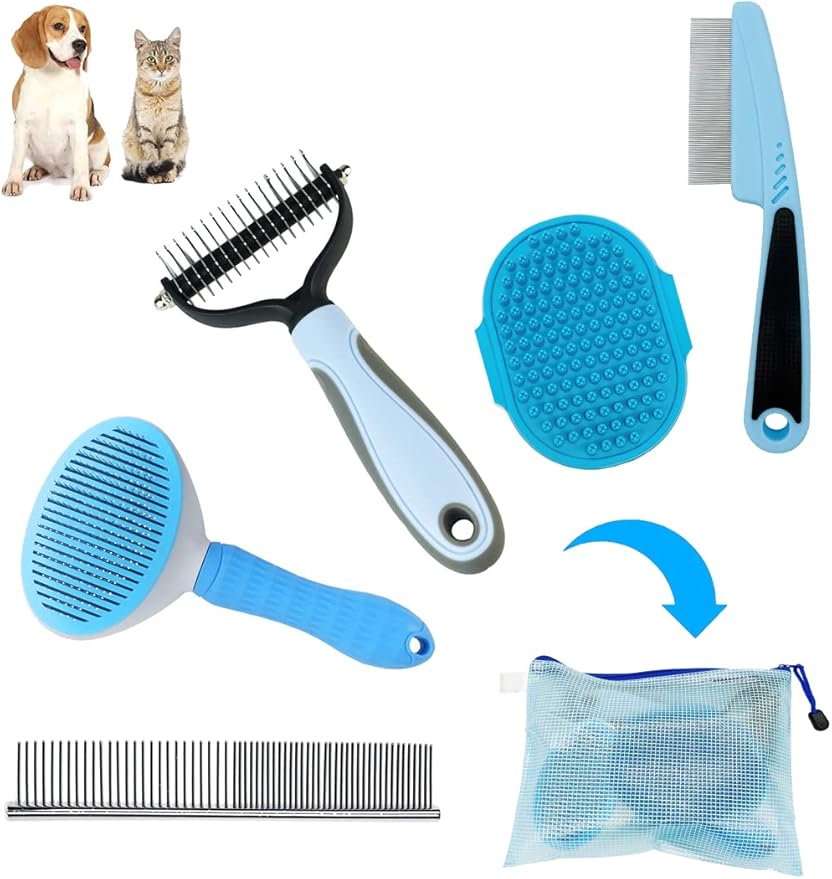 Dog Brush Grooming Kit 5PCS - Dog Brushes for Grooming, Dog Brush for Shedding,Puppy Brush and Flea Comb for Dogs, Slicker Brush Comb and Dog Hair Brush Set Blue-Mewly Pet