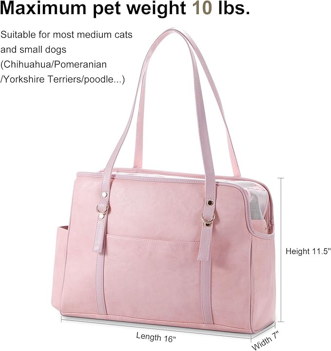 Dog Carrier Purse, Fashion Leather Pet Carrier with Pockets, Airline Approved Soft Sided Dog Carrying Bag for Puppy Cat Dog Pink-Mewly Pet