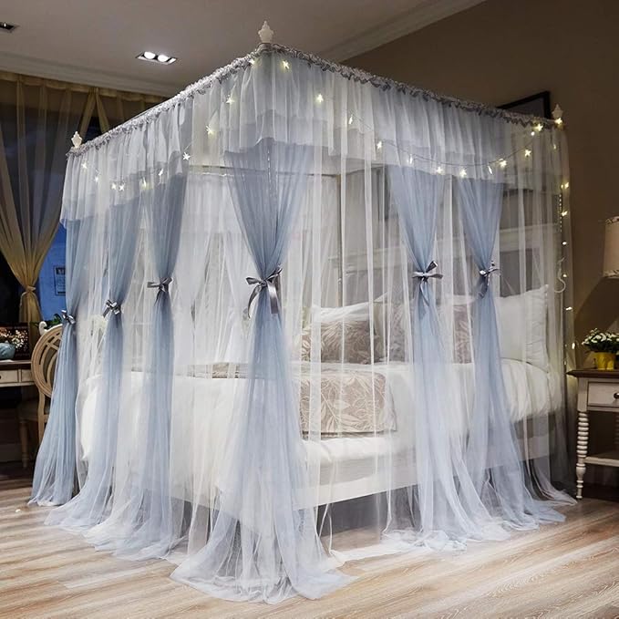 Joyreap Luxury 4 Corners Post Canopy Bed Curtains - Grey & White Cozy Drape Netting - Cute Princess Style Bedroom Decoration Accessories (47" W x 78" L, Twin)