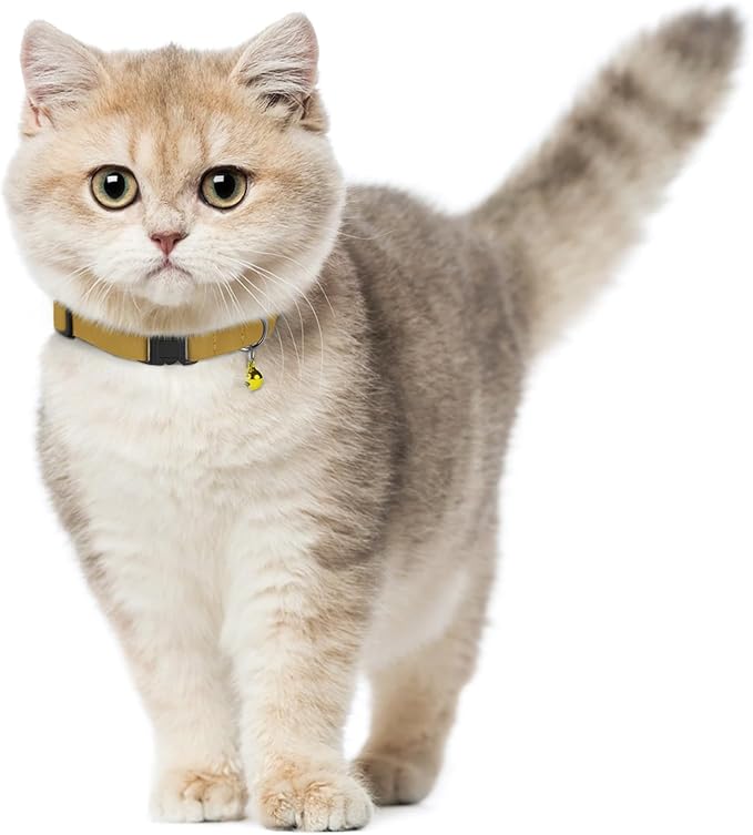 Breakaway Cat Collar Leather with Removable Bell - 13 Colors Available - Soft Adjustable Girl Boy Safety Lightweight Pet Kitten Collars Pink Brown Blue Green Red Orange Black (Mustard)-Mewly Pet
