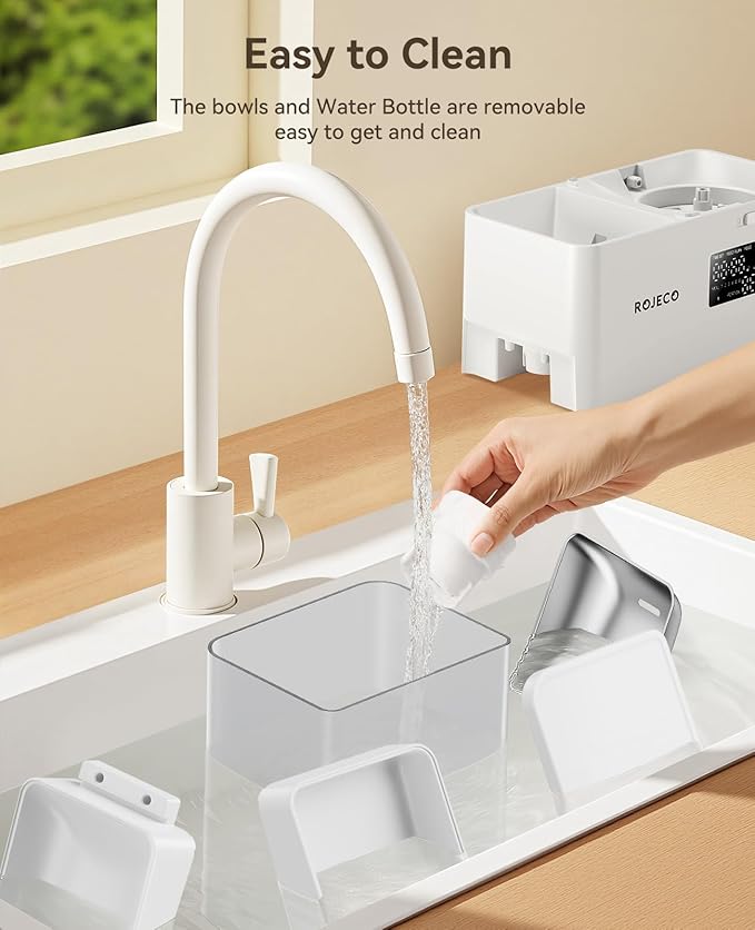 Rojeco 36Cups/8.5L Pet Automatic Cat Feeder and Gravity Water Dispenser,Stainless Steel Bowls 2-in-1 Set Large Capacity 5L Food Feeder and 3.5L Water Fountain for Cats,Pets,Small Dogs,Puppies,Kittens-Mewly Pet