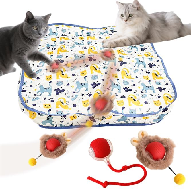 Interactive Cat Toys Ball - 2pcs Automatic Fast Rolling Ball in Play Mat, Hide and Seek Mouse Catching Game, Low-Noise Cat Enrichment Toys in Pouch for Indoor Bored Cats(Paw Print Pattern - Square)-Mewly Pet