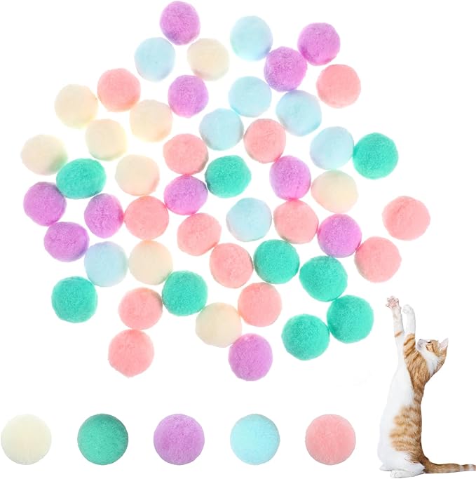 50 Pcs Cat Toy Balls 1.2-inch Colorful Cat Pom Pom Balls Soft Interactive Kitten Ball Cats Exercise Toys Fuzzy Kitten Interactive Playing Quiet Toy for Cats Pet-Mewly Pet
