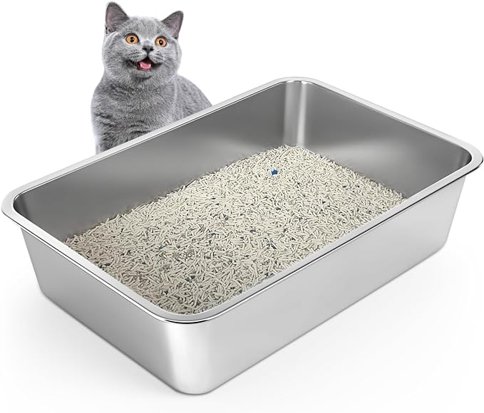 Stainless Steel Cat Litter Box, 6in Cat Litter Pan for Large Cats and Rabbits, Extra Large Metal Litter Box High Sides Odor Control Anti-Corrosion Nonstick-Mewly Pet