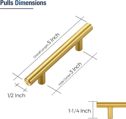 JOY DECOR 20 Pack Cabinet Handles, Gold Cabinet Pulls, 3 in Hole Center Kitchen Cabinet Handles, Stainless Steel T Bar Handles for Dresser Drawers
