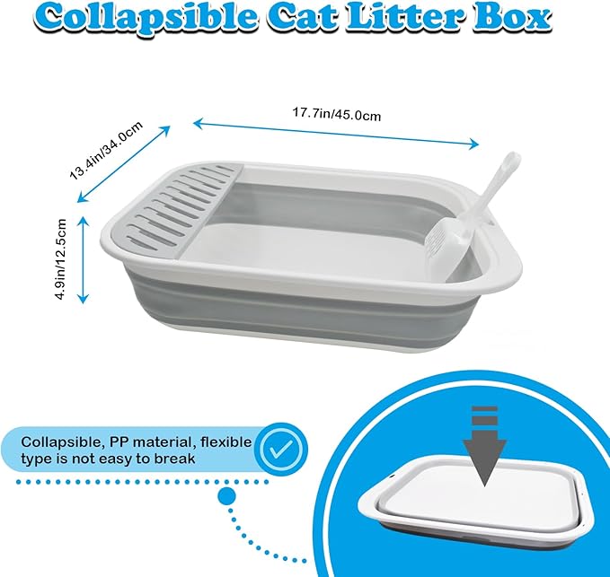Collapsible Cat Litter Box,Open Potty Pan Cat Toilet Foldable Portable Cats Litter Box Travel Litter with Scoop,Waterproof Low Entrance for Kitten and Cat Toilet Easy Clean 17.7"×13.4"x4.9"(Grey)-Mewly Pet