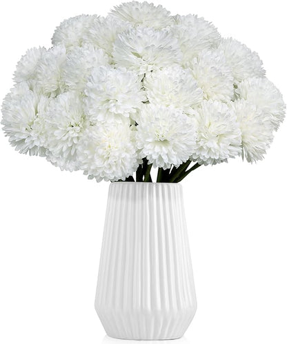 36 Pcs White Artificial Flowers Faux Ball Chrysanthemum Bouquet Silk Flowers Bridal Wedding Bouquet for Home Garden Party Office Coffee House Decoration (White)