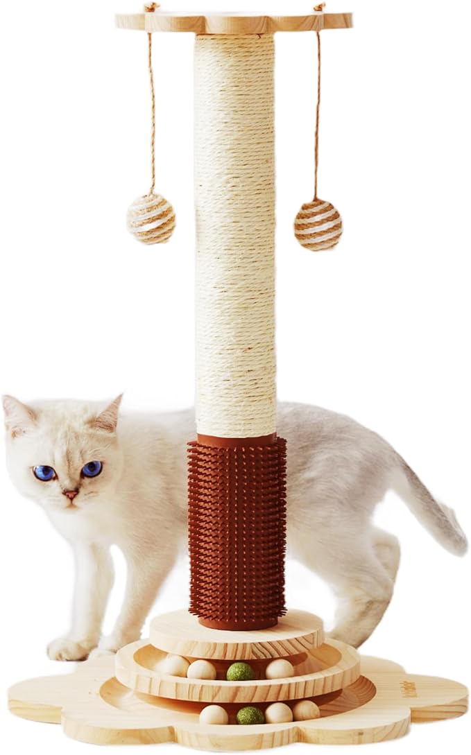 Cat Sisal Scratching Post, 4 in 1 Wooden Cat Scratcher Toy with Groomer, 24" Tall Scratch Post with 2-Layer Interactive Track Balls, Cat Climbing Tree with 2 Hanging Balls for Kittens-Mewly Pet