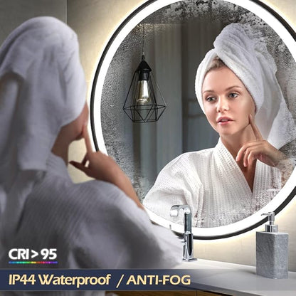 LED Sensor Mirror, Round Human Body Induction, Black Framed Vanity Mirror, Illuminated Dimmable Anti Fog IP44 Waterproof Wall Mounted Mirror (32" L x 32" W)