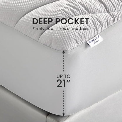 SLEEP ZONE Cooling Twin Mattress Topper for Single Bed, Premium Zoned Quilted Mattress Pad, Fitted Mattress Protector Cover, Machine Wash Durable, Deep Pocket 8-21 inch, Silver Grey, Twin