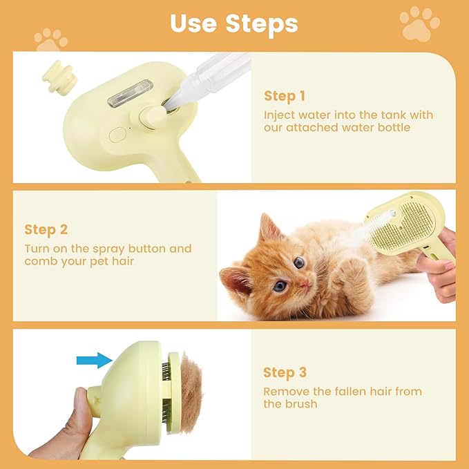 3 in 1 Cat Steam Brush, Pet Spray Hair Removal Comb for Shedding & Grooming, Water Brush for Cats Dogs Small Animals Long Short Haired with One-Click Release Button(Yellow)-Mewly Pet