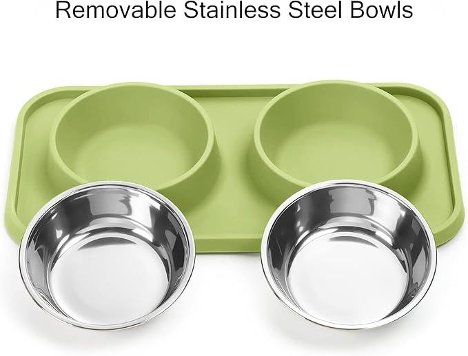 Cat Food Bowls, Cat Bowls Non-Skid and Non-Spill Silicone Pads with PP Stand, Removable Stainless Steel Food and Water Dishes for Cats, Small Size Dogs-Mewly Pet