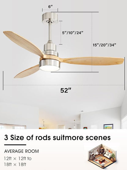 Sofucor Ceiling Fan with Lights, 52 Inch Low Profile Flush Mount Mordern Wood Ceiling Fan with Remote for Indoor Farmhouse Bedroom Living Room Outdoor Patio Porch, Reversible DC Motor, Noiseless