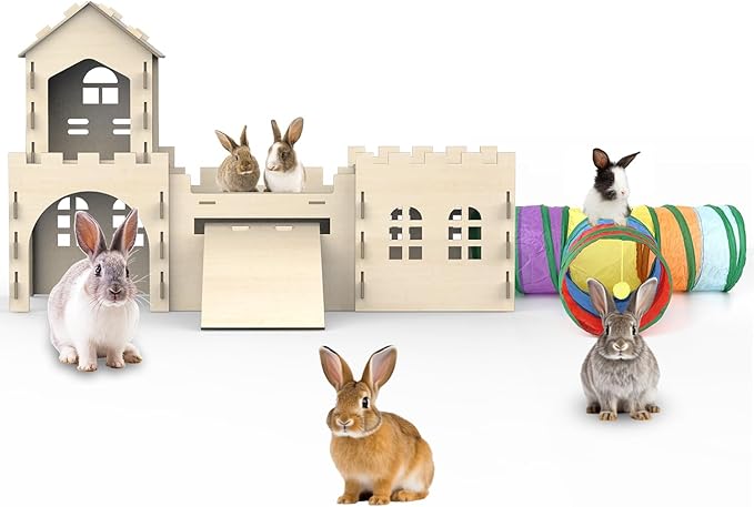 Large Bunny House and Hideouts, Wooden Dual-Layer Rabbit Castle with Stair, Rubber Band-Free Setup - Chew-Proof, Sturdy Habitat for Guinea Pig Chinchilla Ferret (Rabbit House with Tunnels & Tubes)-Mewly Pet