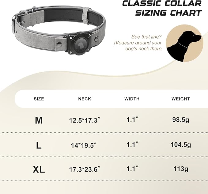 AirTag Dog Collar - Leather Dog Collar with Air Tag Holder | IPX8 Waterproof, Reflective, High - End, Adjustable Soft Padded | Dog GPS Tracker Collars Fit for Medium Large Dogs (Grey, XL)-Mewly Pet