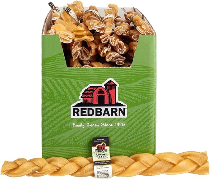 Redbarn Pet Products Recbarn Natural 12" Beef Collagen Braids - Case of 20 Sticks - Long Lasting Low-Odor Alternative to Rawhide & Bully Sticks -Single Ingredient Chew for Medium Large Dogs-Mewly Pet