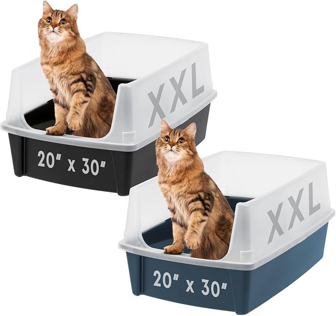 Bundle of IRIS USA 2 Pack XX-Large Cat Litter Boxes with Scatter Shield and Scoop, Open Top High Sided Cat Litter Pan, Black & Navy-Mewly Pet