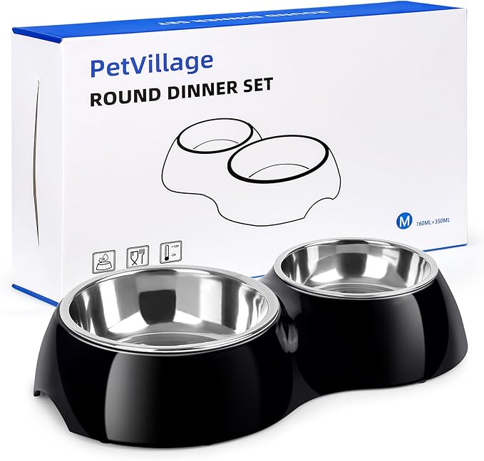 Double Dog Bowls Set – Non-Slip Pet Food & Water Dishes with Resin Stand, Includes Small (1 Cup) & Medium (2 Cups) Bowls – Ideal for Puppies, Cats, and Medium Dogs –Black-Mewly Pet