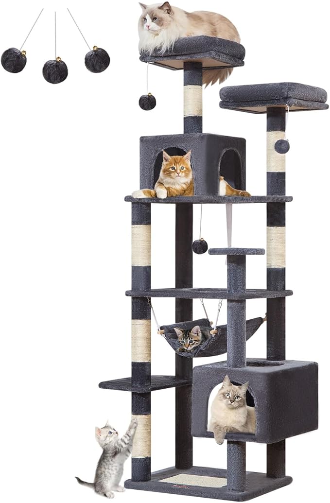 Taoqimiao Cat Tree, 68-Inch Cat Tree Cat Tower for Indoor Cats, Plush Multi-Level Cat Condo with 6 Scratching Posts, 2 Perches, 2 Caves,Hammock, 3 Pompoms,MS020SG Smoky Gray-Mewly Pet