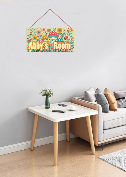 Personalized Sign Mushroom and Flowers Decor For Girls Bedroom Custom Door Sign Wood Plaque Sign Wall Decor For Kids Room