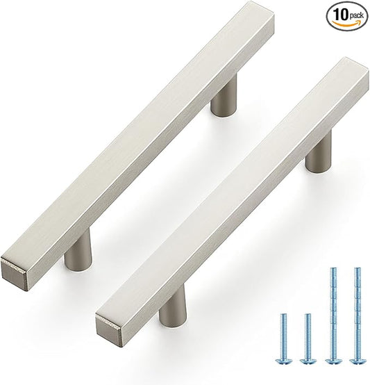 JOY DECOR 10 Pack 3-1/2 Inch Brushed Nickel Square Cabinet Handles Stainless Steel Cabinet Hardware Pulls for Kitchen and Drawers with 6 Inch Overall Length