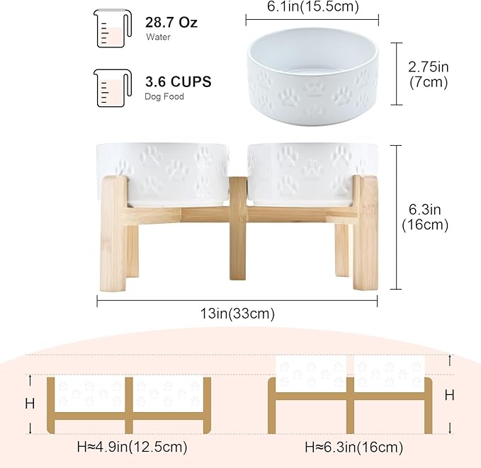 SPUNKYJUNKY Elevated Dog Bowls Ceramic, 6.1'' Dogs and Cat Food Water Bowls Raised with Non-Slip Bamboo Stand for Medium Sized Breed Microwave Dishwasher Safe - 28.7 OZ,Paw White-Mewly Pet