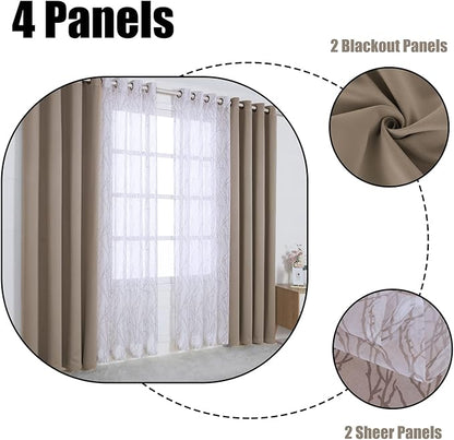BONZER Mix and Match Curtains - 2 Pieces Branch Print Sheer Curtains and 2 Pieces Blackout Curtains for Bedroom Living Room Grommet Window Drapes, 37x95 Inch/Panel, Taupe, Set of 4 Panels