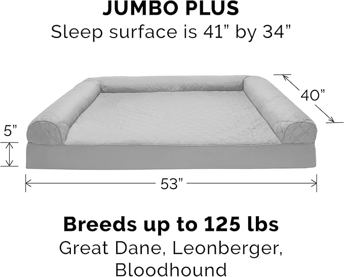 Furhaven Orthopedic Dog Bed for Large Dogs w/ Removable Bolsters & Washable Cover, For Dogs Up to 125 lbs - Quilted Sofa - Silver Gray, Jumbo Plus/XXL-Mewly Pet