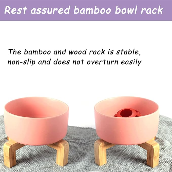 Petygooing Pink Ceramic Dog Cat Bowl Set with Stand, Pet Food and Water Dish,Medium Dog Bowls Anti Slip Set of 2 Cat Bowls Pet Food Bowl- Pet Dishes Small Medium Size Pet (28 OZ /3.6 Cups)-Mewly Pet