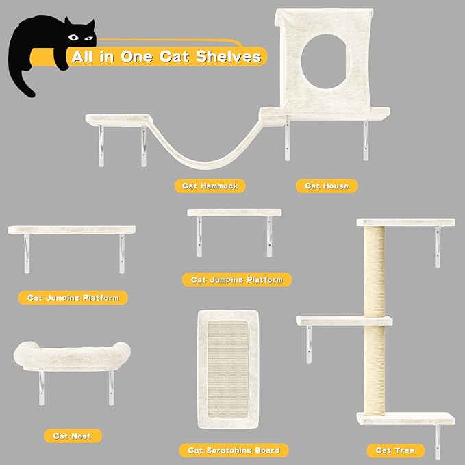NUNU LAB Cat Wall Shelves, 6 Pcs Luxury Wall-Mounted Cat Climber Set, Indoor Cat Furniture with 1 Condos House, 2 Cat Wall Shelves, 1 Scratching, 1 Bridge Ladder, 1 Scratching Pad, White-Mewly Pet