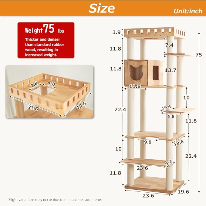 74" Wooden Cat Tree Tower for Large Cats, Multi-Level Cat Climbing Furniture with Scratching Posts, Cat Condo & Hammock, Natural Wood Cat Activity Center (White)-Mewly Pet