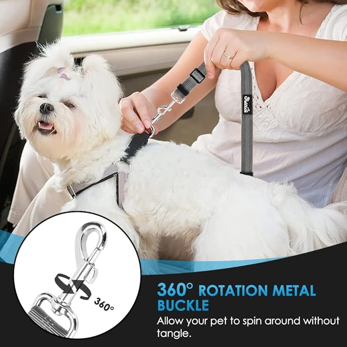 SlowTon Dog Seat Belt for Car, 2 Pack Dog Car Harness Seatbelt Adjustable with Elastic Bungee Buffer, 2 in 1 Pet Car Leash Headrest Restraint Dog Reflective Safety Tether (Grey, Headrest+Clip)-Mewly Pet