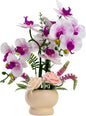LESING Artificial Orchid Flower with Vase, White Orchid Bonsai Faux Orchid Phalaenopsis Plant Pot Arrangements for Home Decoration (White Purple,Beige Vase)