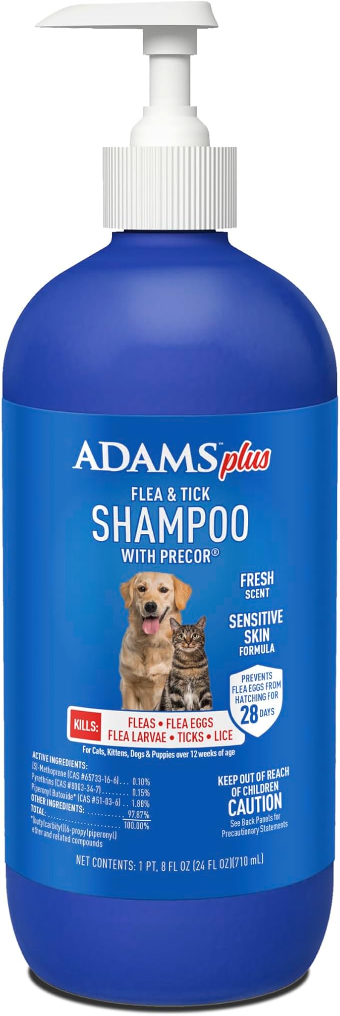 Adams Plus Flea & Tick Shampoo with Precor for Cats, Kittens, Dogs & Puppies Over 12 Weeks Of Age |Sensitive Skin Flea Treatment |Kills Adult Fleas, Flea Eggs, Ticks, and Lice |24 Oz, Pump Included-Mewly Pet