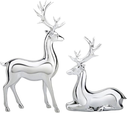 GALEI-2PCS Scandinavian Style Elk Ornament Christmas Resin Sitting and Standing Deer Statue Home Living Room Study Ornaments (Silver, One Size)