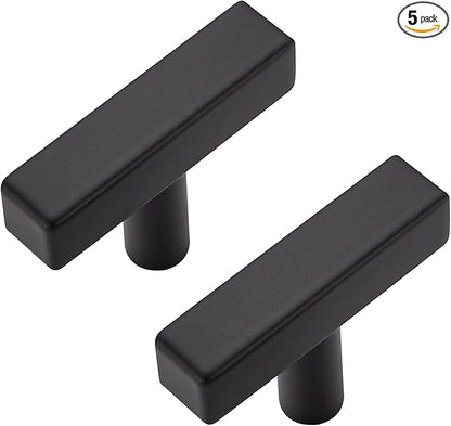 5 Pack Black Cabinet Knobs - Sqaure Bar Cabinet Pulls Matte Black Knobs for Kitchen Drawer Stainless Steel Dresser Pulls for Kitchen Hardware 2in Length Single Hole