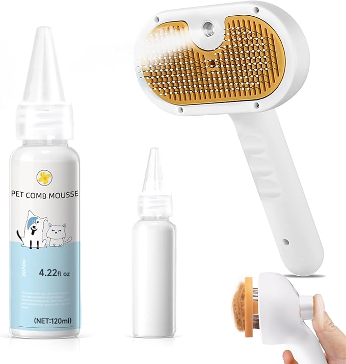 Pet Steam Brush for Dogs & Cats with Shampoo – 3-in-1 Grooming Spray Comb, Mist Massage & Defur Function, Water Spritz Deshedding Tool for Long/Short Hair, Indoor Pets (Puffease Cepillo de Vapor)-Mewly Pet