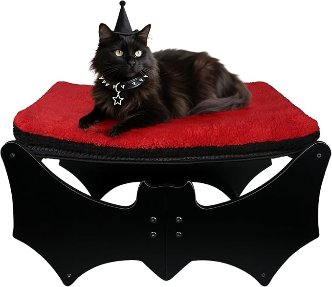 Halloween Gothic Cat Bed with Bat Design, Wooden Elevated Cat Beds with Sisal Scratching Mat, Cats Scratcher Bed with Removable Fluffy Cushion, Raised Pet Bed for Large Cats, 22" L x 17.7" W, Black-Mewly Pet