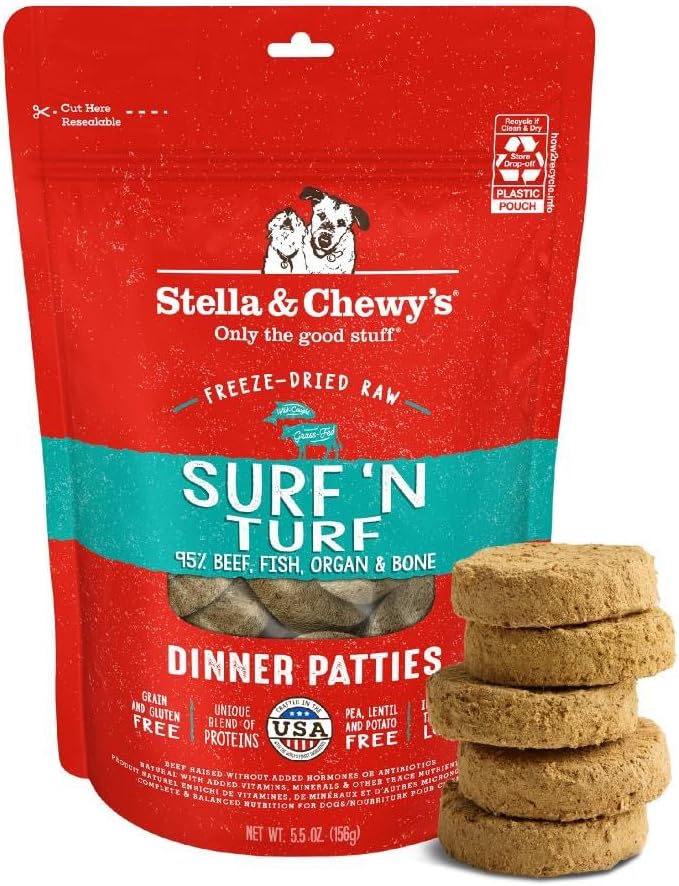 Stella & Chewy's Freeze-Dried Raw Dinner Patties - Surf 'N Turf Salmon & Beef Recipe - High Protein Grain-Free Puppy & Dog Food - Perfect For Picky Eaters - 5.5 oz-Mewly Pet