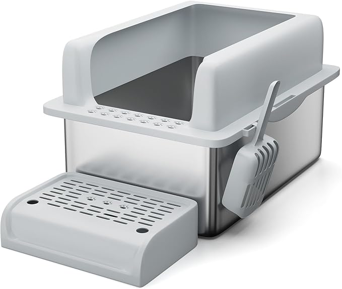 Stainless Steel Cat Litter Box 8 inch, XXL Large Cat Litter Tray with High Side, Platform Step and Scoop for Big Cats Multiple Cats, Easy Clean-Mewly Pet