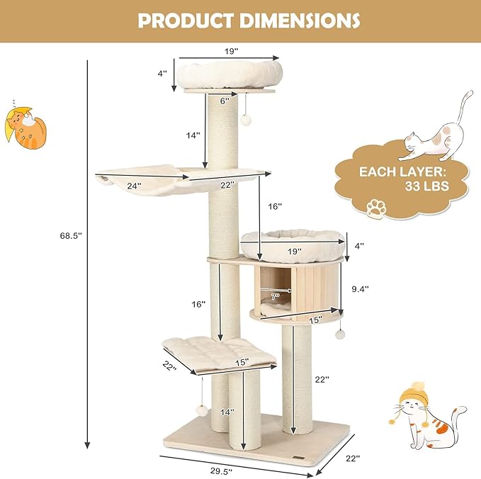Tangkula Modern Cat Tree, Multi-Level Large Cat Tower with Condo, Hammocks & Hanging Basket, Tall Cat Tree with Sisal Posts, Washable Cushions, Wood Cat Trees and Towers for Indoor Large Cats-Mewly Pet