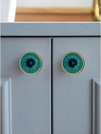 Perilla Home Set of 6 Ceramic Knobs Decorative Round Knobs for Home Kitchen Cabinet Vintage Hardware Cupboard Door Dresser Wardrobe Drawer Pulls (Turquoise)