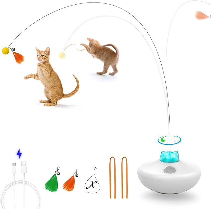 Interactive Cat Toys Cat Exercise Tumbler, Rechargeable Cat Toys for Indoor Cats Spin Butterfly Game Teasing Kitty, Extra Long Feather Wand (P33 cat Toys)-Mewly Pet