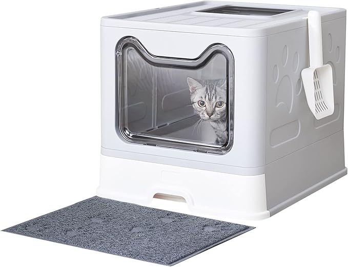 Cat Litter Box with Litter Mat and Scoop, Large Foldable Litter Box with Lid, Front Entry Top Exit Kitty Box, Odor Control, Easy to Clean (Grey)-Mewly Pet