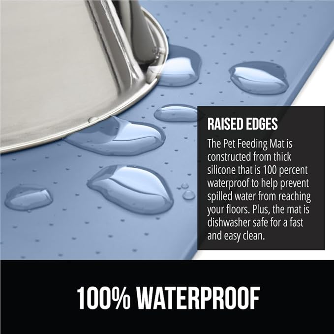 GORILLA GRIP 100% Waterproof Raised Edge BPA Free Silicone Pet Feeding Mat, Dog Cat Food Mats Contain Spills Protects Floors, Placemats for Cats and Dogs Water Bowl, Pets Accessories 16x10, Blue-Mewly Pet